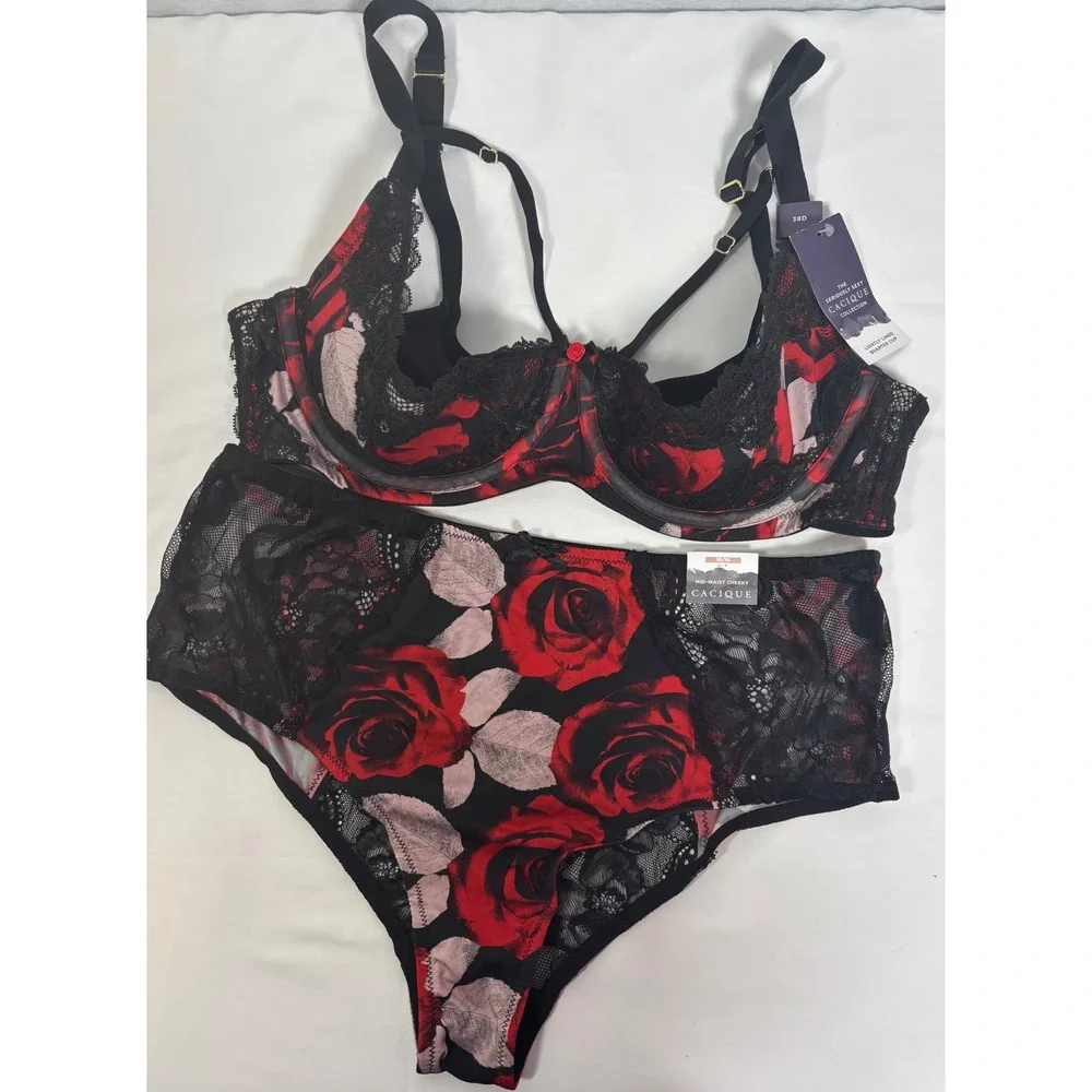 Cacique Seriously Sexy Red Rose Lace Bra 38D and Cheeky Panty 10/12 Set NWT